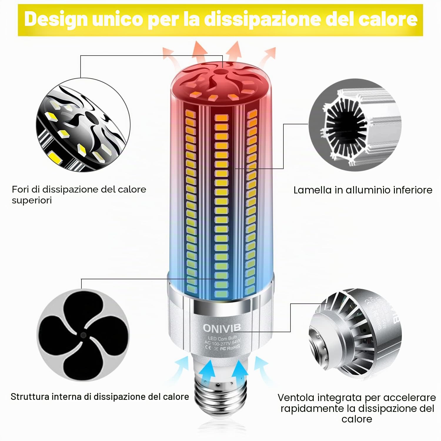 Lampadina 54W Super Bright LED Corn 6400 Lumen (equivalente 800W) 6500K Luce bianca fredda, Base E27 per illuminazione commerciale di grandi superfici, Fabbrica di magazzini per garage