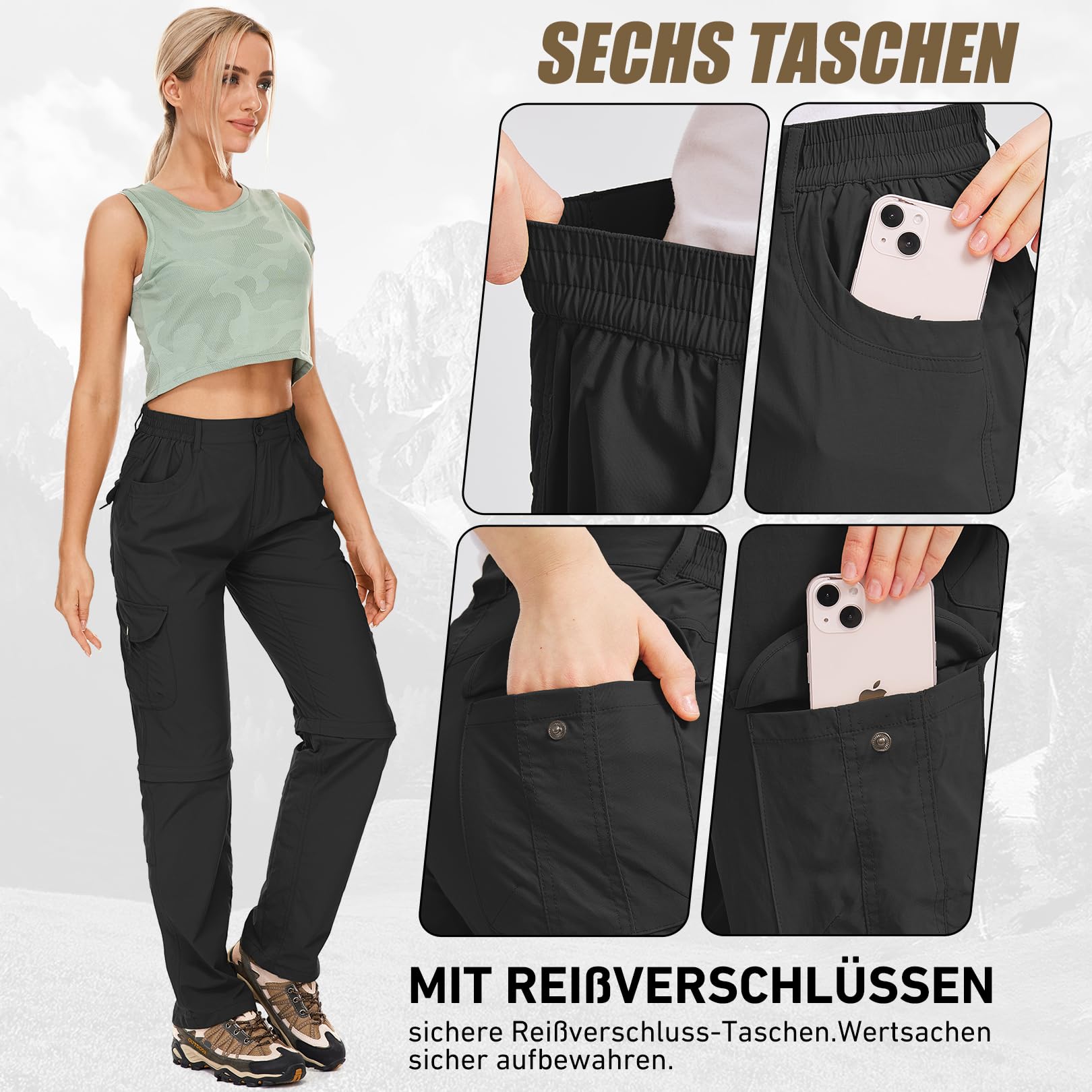 Pantalon de randonnée zippé pour femme - Respirant - Extensible rapidement - Pantalon fonctionnel amovible - Pantalon d'extérieur - Pantalon de randonnée d'été