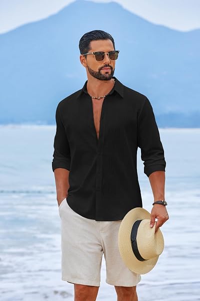 COOFANDY Herrenhemd Langarm Baumwolle Freizeithemd Sommer Leichtes Strandhemd für Urlaub Hochzeit - 3