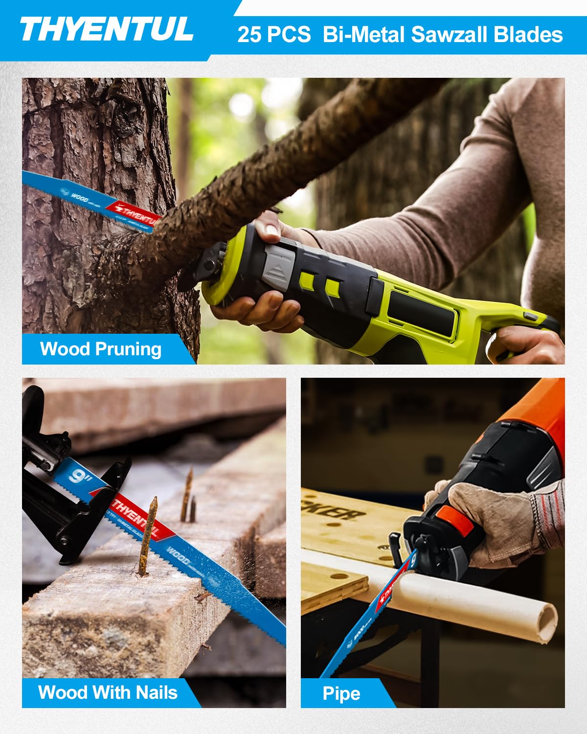 Paquete de 25 hojas de sierra alternante de 9 pulgadas 6/12TPI Juego de cuchillas Sawzall, hojas de sierra bimetálicas para demolición de madera