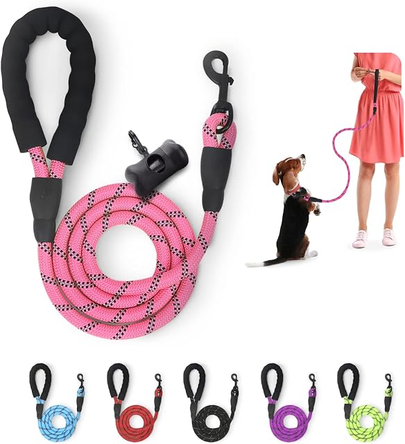 FurDreams 5ft Strong Dog Lead Rope with Soft Padded Handle and Highly Reflective Threads - Pink | Rope Dog Leash for Large Dogs, Medium Dogs, and Small Dogs | Includes a Free Waste Bag Dispenser