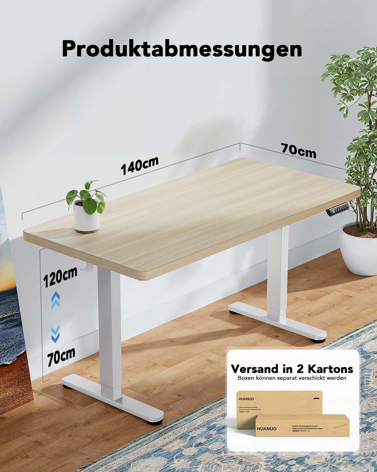 HUANUO Escritorio de altura regulable 140 x 70 cm, 25 mm, todo el tablero de mesa con motor sin escobillas, asiento ergonómico de pie, escritorio de pie eléctrico de fácil montaje para oficina en casa