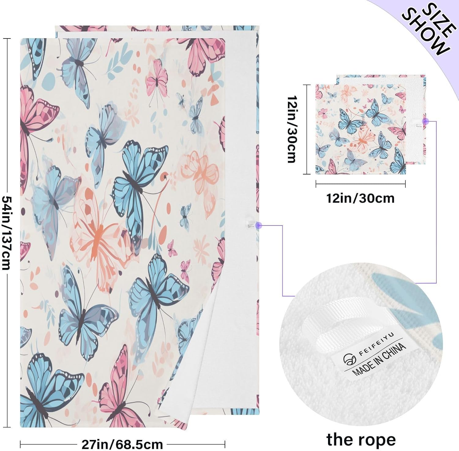 Hand Towels Premium Soft and Highly Absorbent Romantic Butterfly 2 Pcs Towels for Bathroom Set 100% Cotton Decorative Face Towels