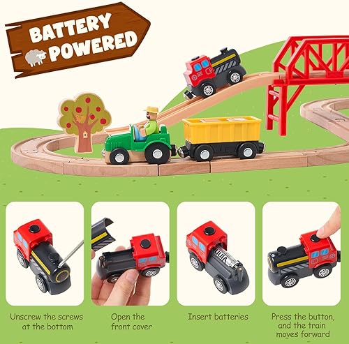 Miniatura 4 de Giant bean Juego de tren de granja de madera de 42 piezas para niños pequeños, funciona con pilas, vía de tren con puente, granero, animales, carga