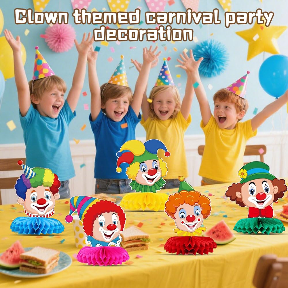 Décoration de Carnaval de Clown, 9 Pièces Décorations de Table Clown, Décoration de Table en Nid D'abeille 3D, Décoration Clownesque Alvéolaire Cirque Animal, pour Carnaval, Anniversaire (6Pcs)