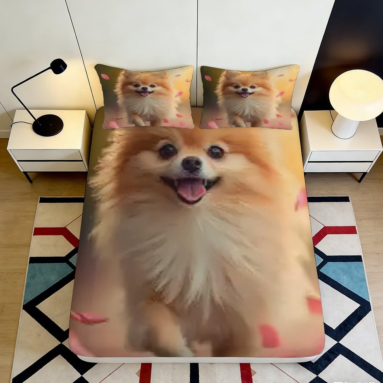 3D Printed Cute Pomeranian Dog Fitted Sheet Microfiber Soft Non-Slip Animal Bed Cover for Bedroom Guest Room Decor 180x200x25cm