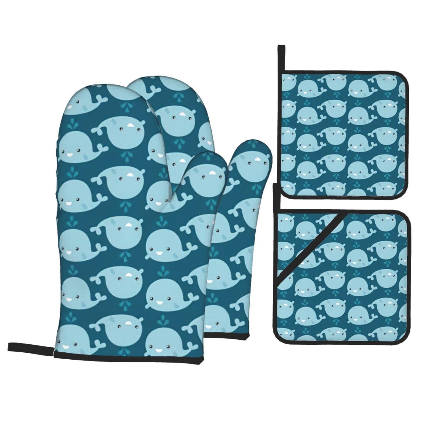 cartoon whales background Print 4-Piece Oven Microwaving Set Waterproof Kitchen Gloves for Baking Grilling Cooking