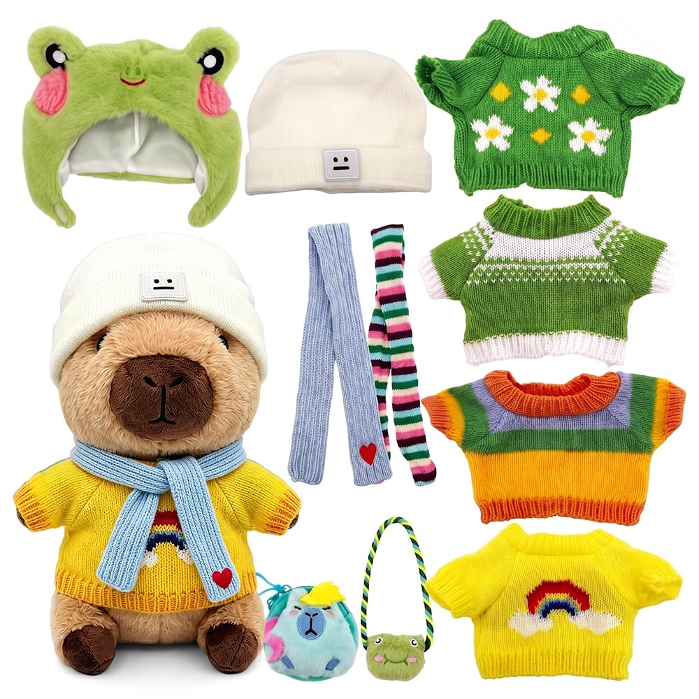 Capybara Plush Toy with 10PCS Clothes and Accessories, 25cm Capybara Stuffed Animal, Dress Up Capybaras Toys Set, Cute Capybaras Teddy for Boys Girls Birthday, Easter, Children's Day, Christma, Green
