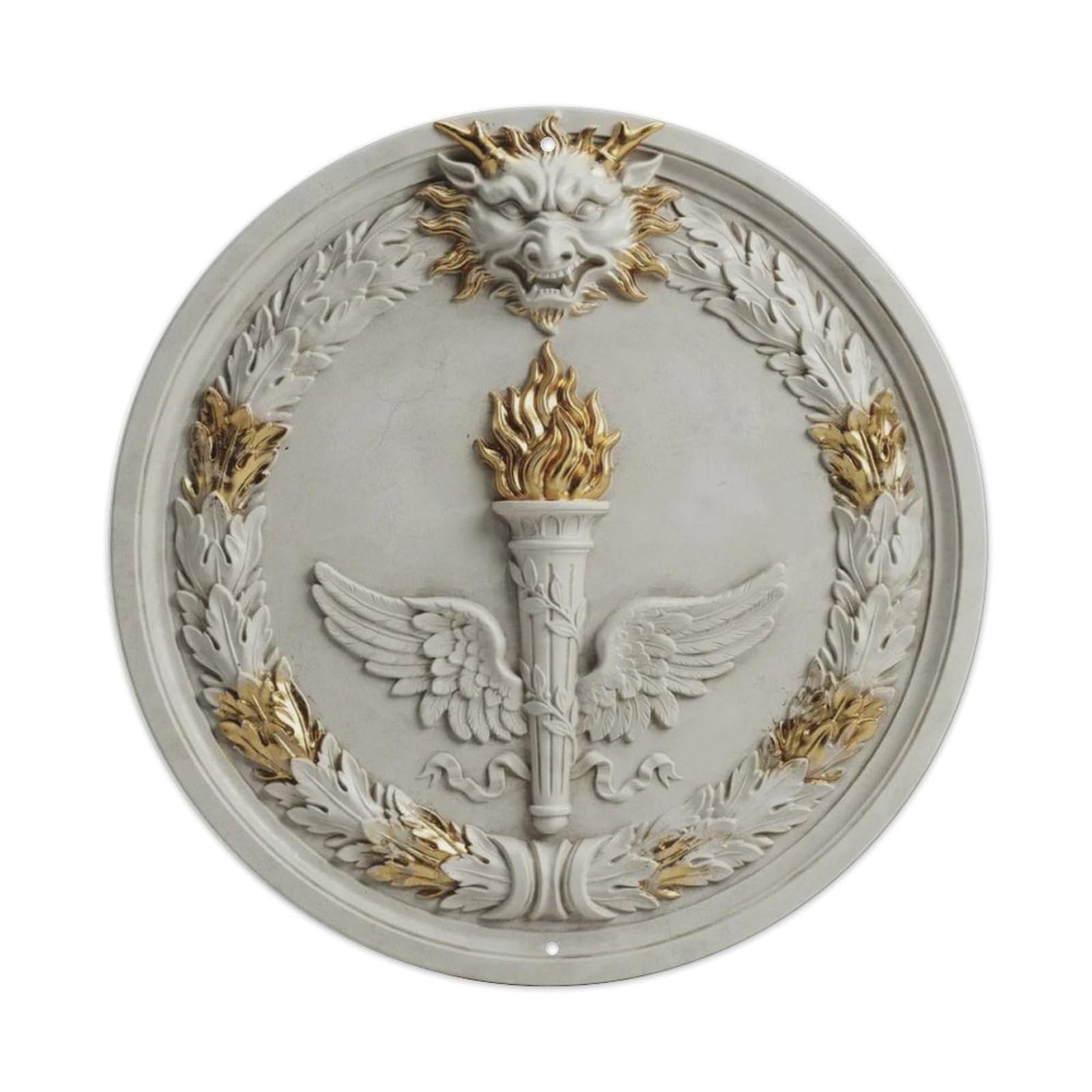 Greek Dragon Head 3D Marble Gold Torch Round Metal Tin Sign Plaque