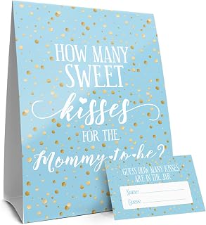 DISTINCTIVS How Many Kisses Baby Shower Game - Blue and Gold It's a Boy Baby Shower (Sign with Cards)