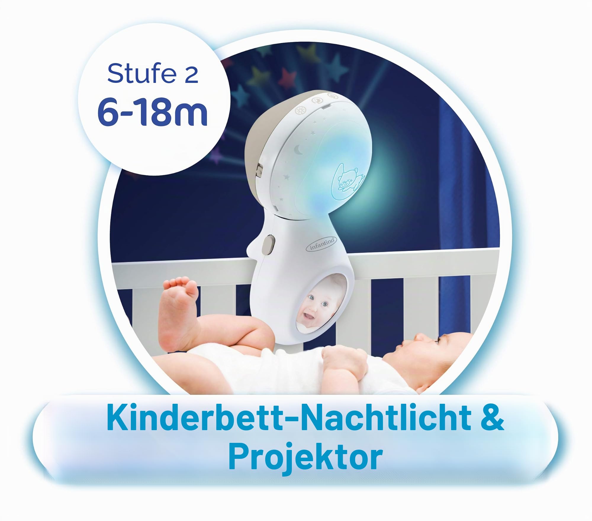 Infantino 3-in-1 Projektor Musik-Mobile, Umwandelbares Mobile, Lichtprojektor für Tisch & Kinderbett mit Weckmodus zur Tageslichtsimulation, Inkl. 6 Melodien & 4 Naturgeräuschen, Grau
