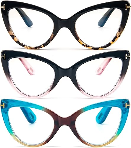 DXYXYO Paquete de 3 lentes de lectura de ojo de gato para mujer, bloqueo de luz azul, marco grueso, lectores de computadora de 1.5+