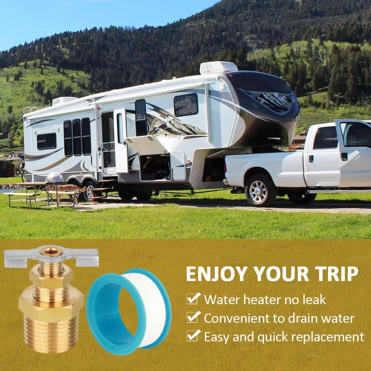 1/2" Brass RV Water Heater Drain Valve, Compatible w/Atwood 11630 | Replaces Atwood 11630 & 91857 plastic plugs, 1/2" NPT brass drain valve; leak-resistant seal, for RV camper water heater