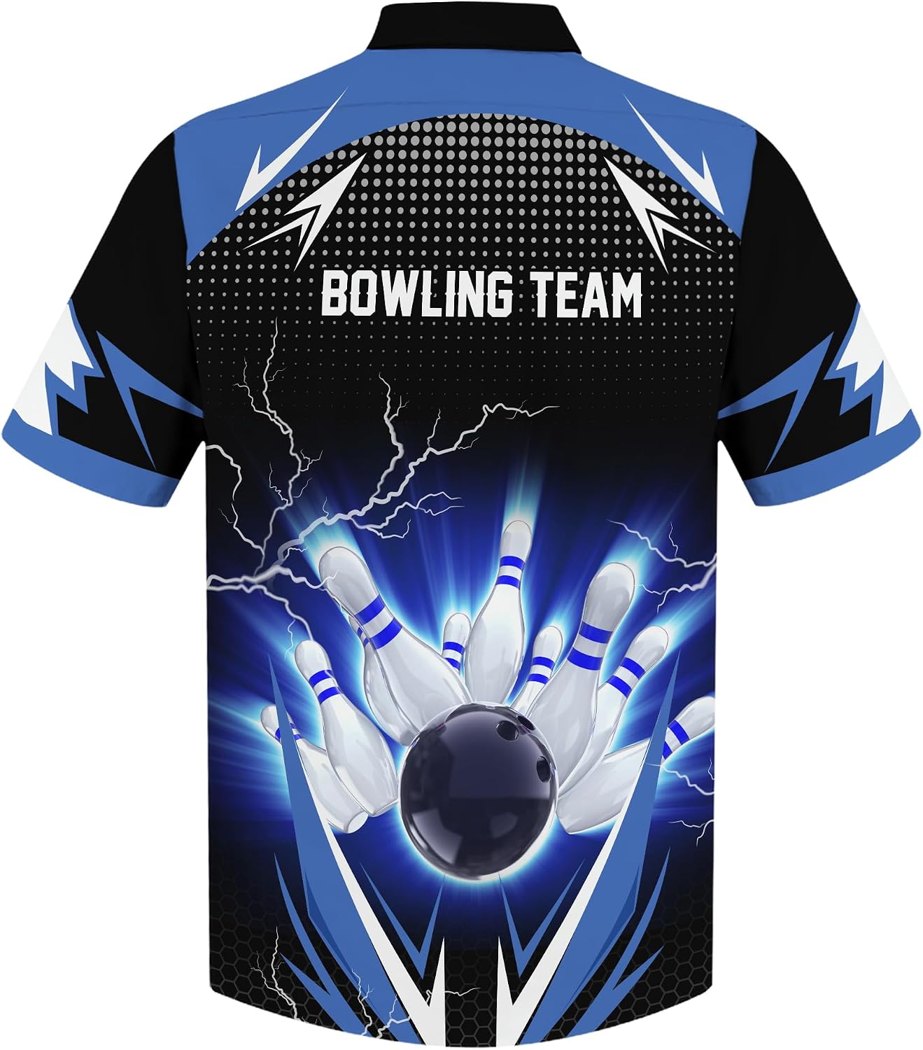 Customize Bowling Hawaii 3D Button Up Shirt with Dark Blue Bowling Theme and Lightning Pattern Graphic On it for Bowling Team