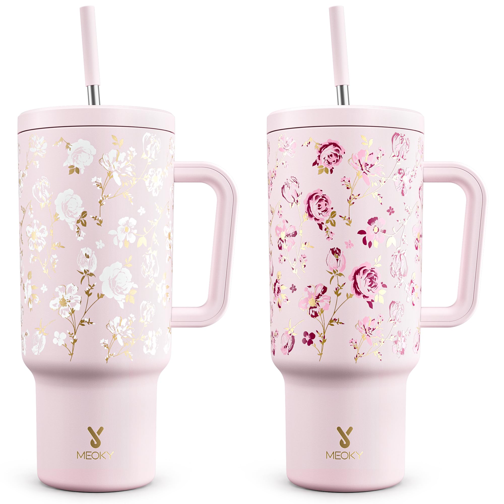 Meoky UV Color-Changing Tumbler: 40 oz Tumbler with Handle and Straw- Stainless Steel Insulated Tumbler for Car Cup Holders - Adults Women (1 Pack, Rose Manor)
