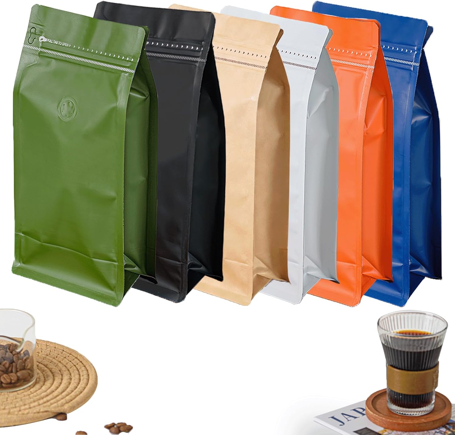 50 Pcs 1lb Green Long Coffee Bean Bags with Valve, Easy Tear Open & Repeating Sealed Zipper, Heat-seal Stand Up & Flat Bottom Coffee Bag, 16oz Capacity 5.3x10.2 Inch