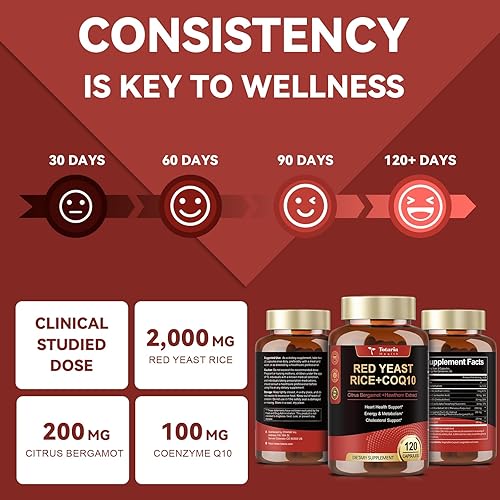 Miniatura 6 de (2 paquetes) Arroz de levadura roja con suplemento CoQ10  Arroz de levadura roja sin citrinina, 2,000 mg cápsulas con CoQ10 100 mg más bergamota de