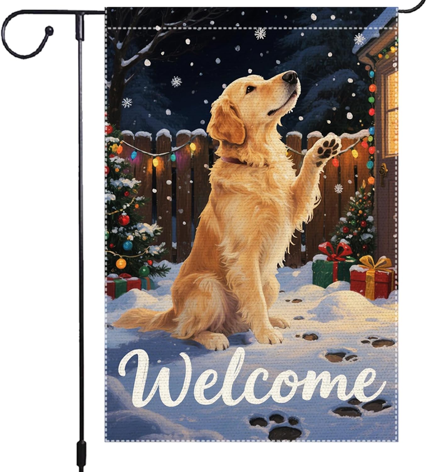 Golden Retriever Welcome Garden Flag 12x18 Inch Double Sided Christmas Winter Burlap Outdoor Yard Decoration Holiday Dog Banner for Porch Patio Lawn