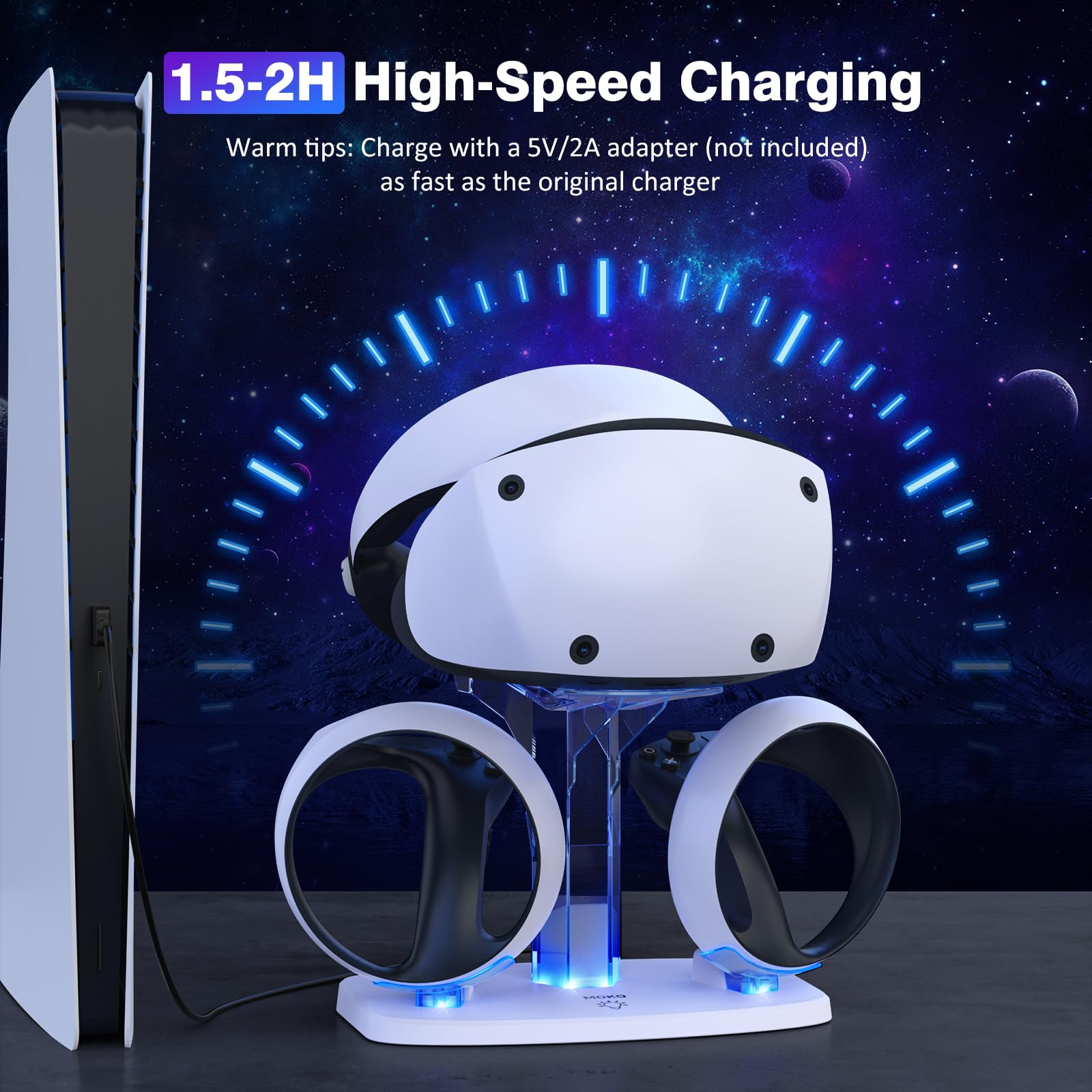 MoKo Stazione di Ricarica Compatibile con PlayStation VR2, con Supporto per Cuffie VR, Caricabatterie di Controller VR2, Protezione da Sovraccarico, Luce LED, Dock di Ricarica per PS VR2