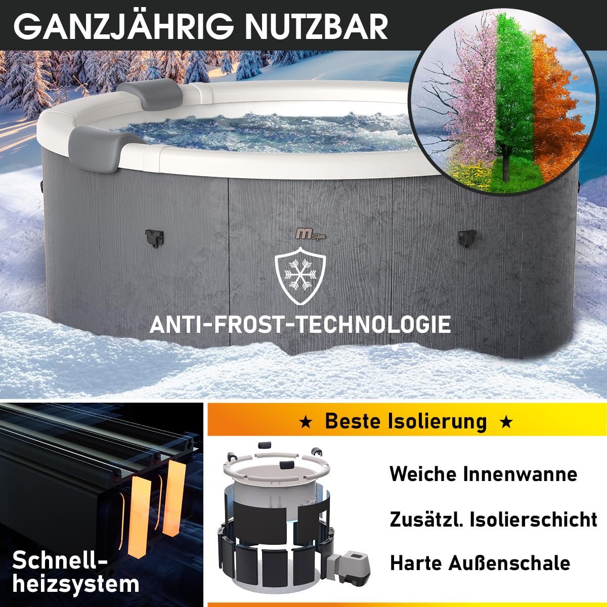 BRAST Whirlpool MSpa Denver mit Fester Außenwand | Ø182x70cm | LED-Beleuchtung mit 20 einstellbaren Farben für 6 Personen | 130 Massagedüsen | Ganzjähriger Einsatz Winterfest | In & Outdoor Pool