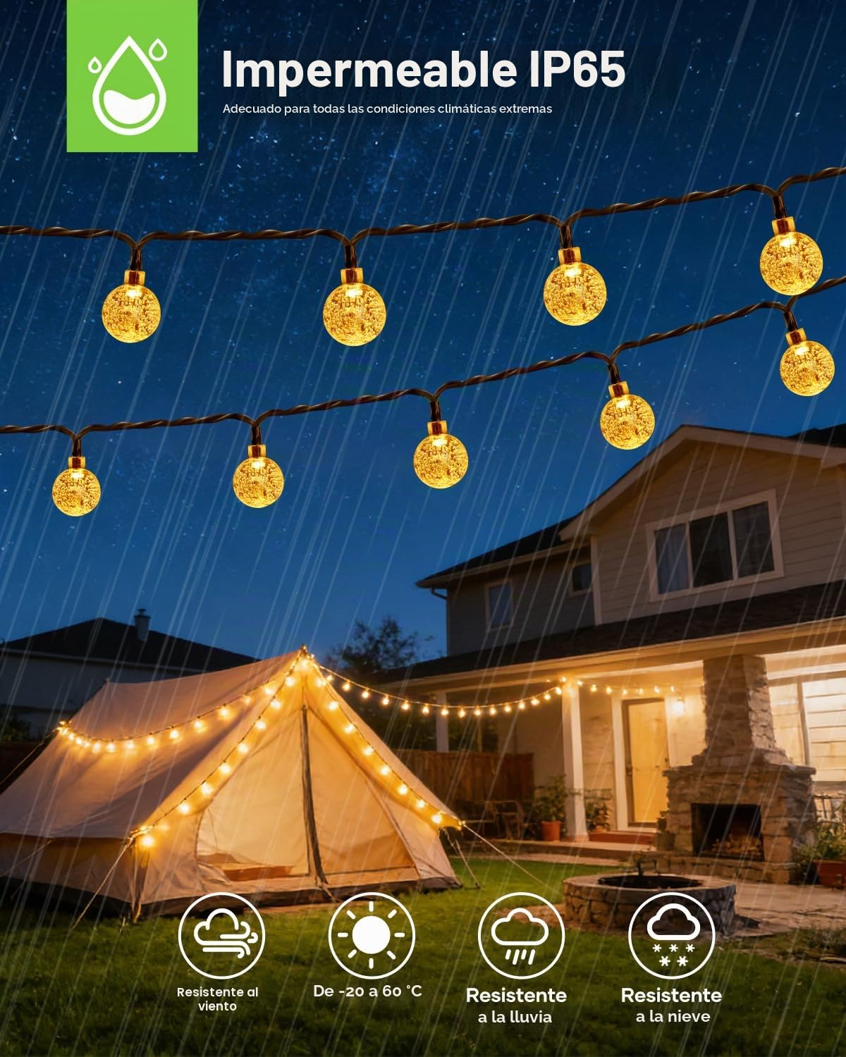 Suright Guirnaldas Luces Exterior Solar, 13M 60 LEDs Luces Solares LED Exterior Jardin, 8 Modos con Memoria, IP65 Impermeable, Luz Solar para Jardín Terraza Balcón Boda Fiesta, Cálido Blanco