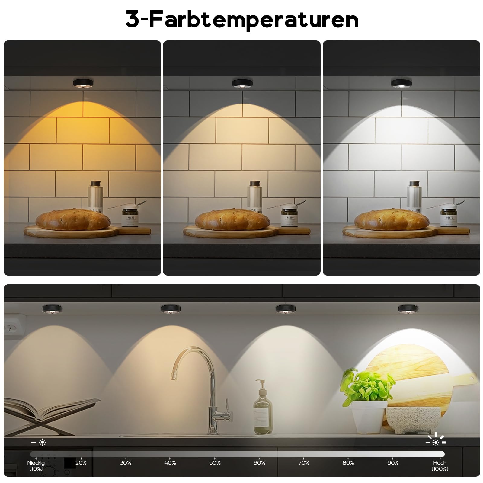 Spot Sans Fil Puck Light Lumic Reglette LED 180H 3000K/4500K/6000K Dimmable Rechargeable Minuterie Télécommande Rond Lumière Cuisine Armoire Vitrine