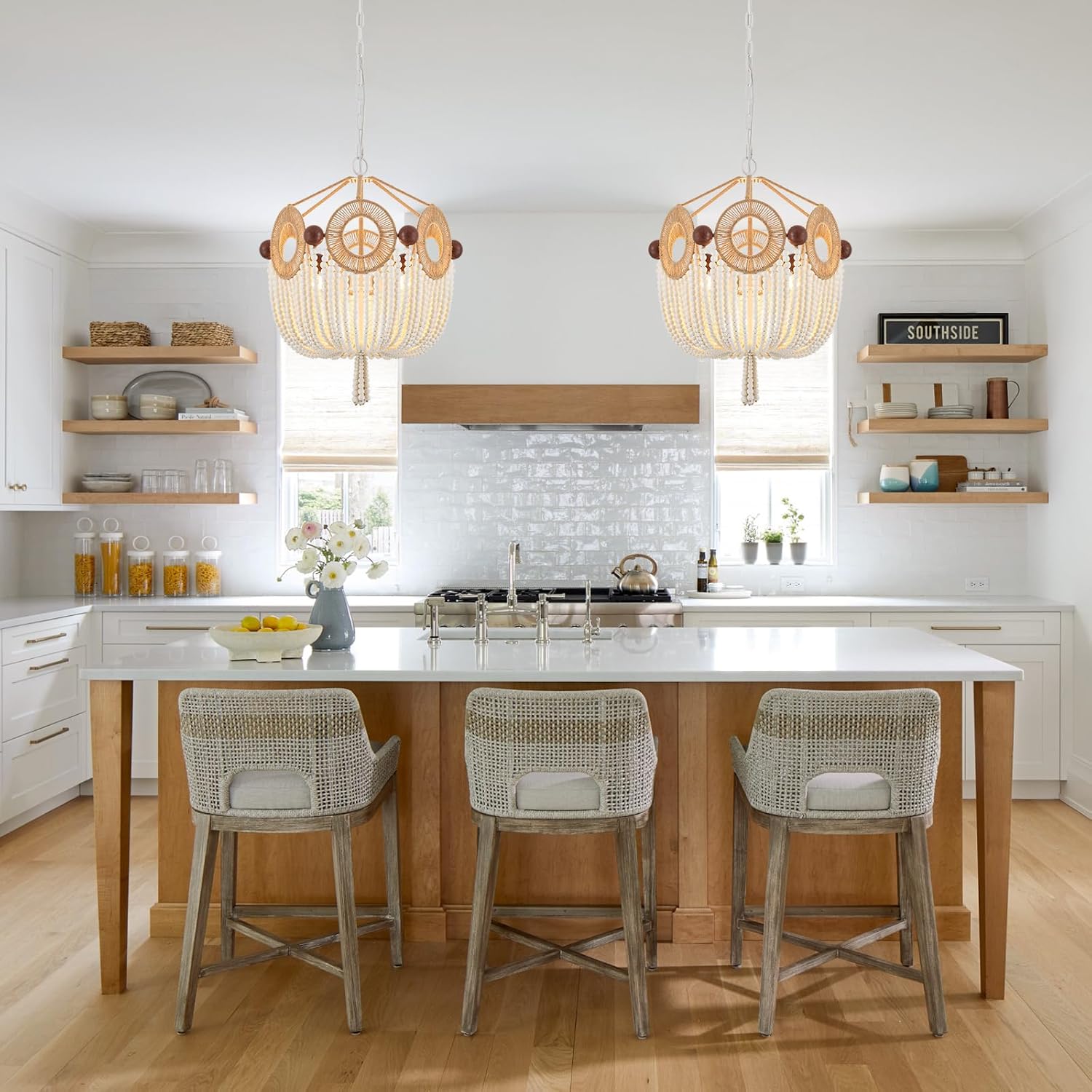 20” Boho Wood Beaded Hand Woven Rattan Pendant Light Cottage Classic Coastal Chandelier for Kitchen Island Dining Living Room Bedroom, UL Listed