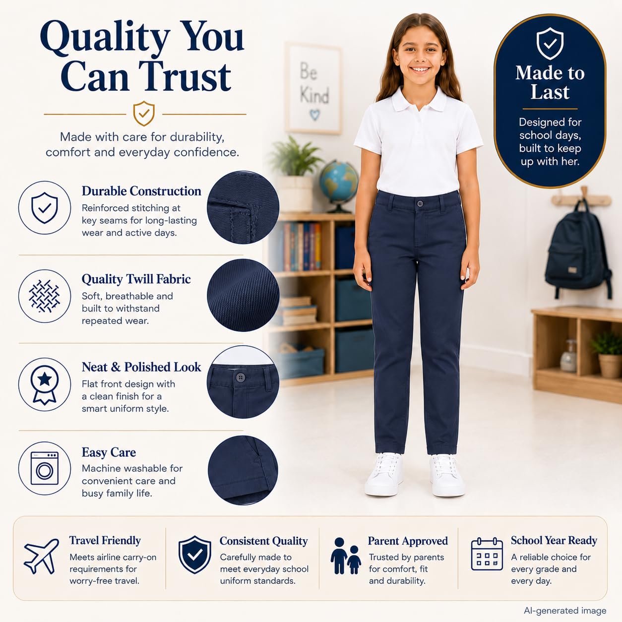 Bienzoe Pantalones de uniforme escolar de algodón elástico con cintura ajustable para niña - azul - 6X