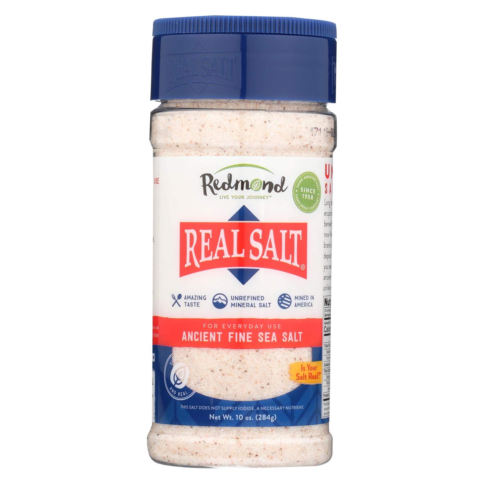 REDMOND Real Salt FINE Sal, salero de 283 g: sal de mesa natural de grano medio procedente de un antiguo mar primitivo en Utah, rica en minerales.