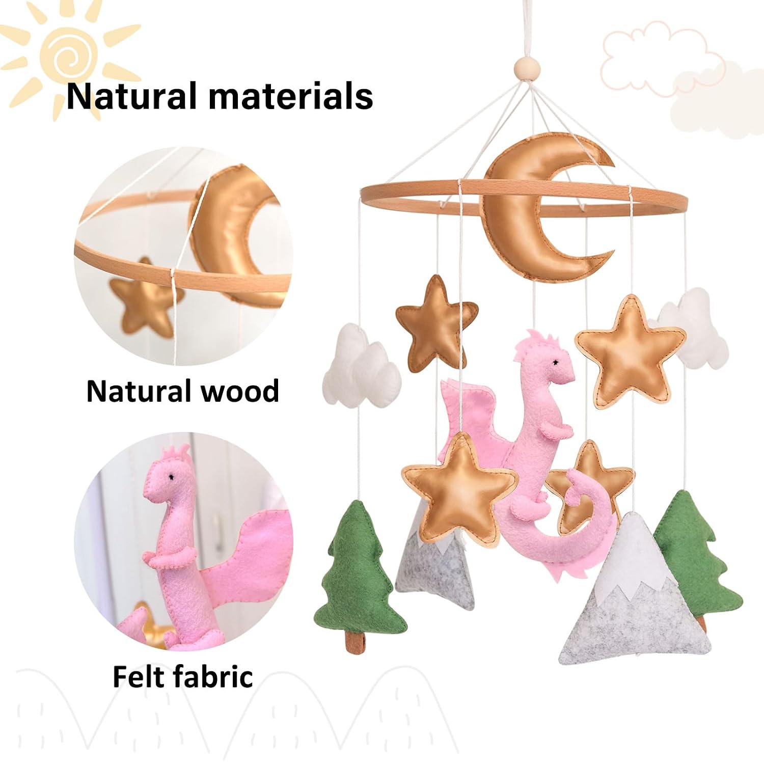 Dragon Baby Mobile, Forest Mobile for Crib, Pink Crib Mobile Girls, Nursery Mobile for Bassinet, Pack and Play, Moon, Pink Dragon, Cloud, Star, Mountain, Tree