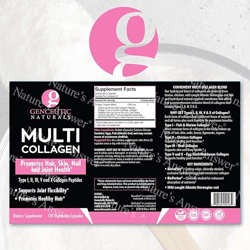 Miniatura 2 de Genceutic Naturals Cápsulas de colágeno múltiple tipo I, II, III, V y X - 120 cápsulas vegetales - para una piel sana, uñas 1500 mg sin OMG, criado