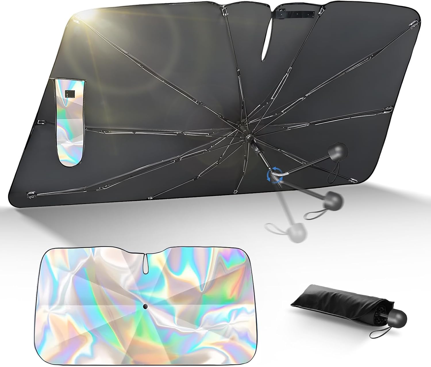VORAGA サンシェード サンシェード 車 フロント 傘式 車用サンシェード 繊維製な10本骨 車 日除け サンシ ェード 軽自動車 フロントガラス サンシェー ド バックミラー開き口 日よけ 日焼け対策 日差しカット 断熱 遮光 汎用 折り畳み式 車サンシェ ード 車保護 車種汎用 収納ポーチ付き L