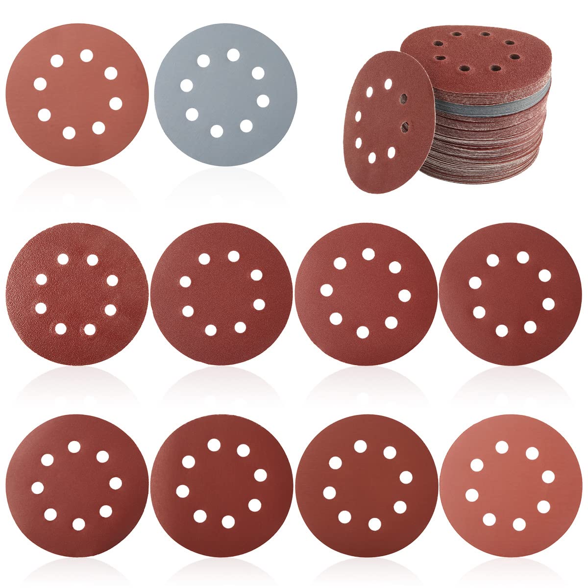 Txkrhwa 100pcs Sanding Discs 5 Inch Round Alumina Sanding Pads 8-Hole Sanding Paper Quick Change Sanding Sheet Polishing Sandpaper for Metal Wood Glass Car(100pcs 10 Kinds)