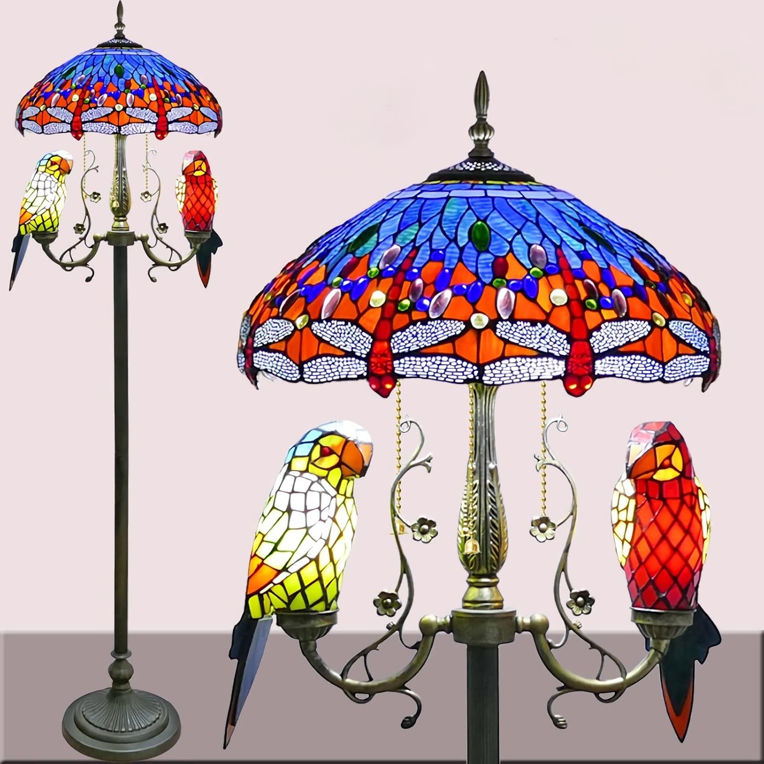18" Tiffany Style Floor Lamp with Parrot Night Light, Dragonfly Stained