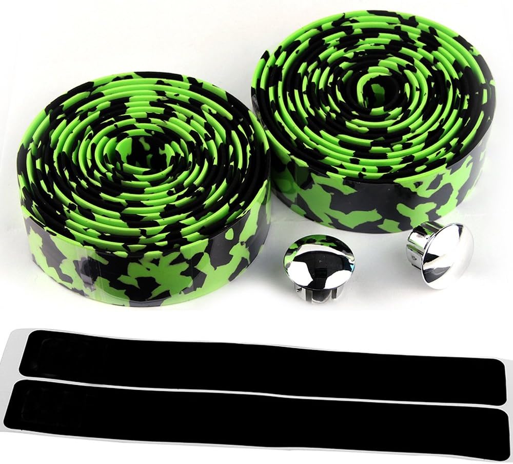 AmazingEC Camouflage Pattern Cork Handlebar Tape Wrap Cycling Road Bike Sports Antiskid With End Plugs Green Black