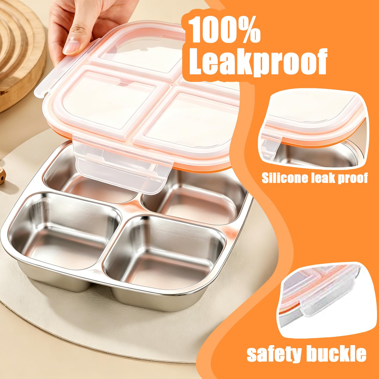 2 szt. lunchboxów z 4 przegródkami, 600 ml stal nierdzewna, szczelne bento boxy z pokrywką, wielokrotnego użytku, do szkoły, pracy i na camping