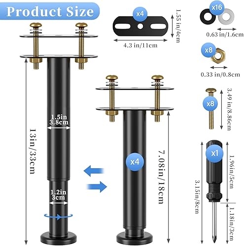 Miniatura 4 de Soporte de 2 patas de cama mejoradas, patas de soporte de marco de cama de metal ajustables de 7.08 a 12.6 pulgadas, reemplazo de patas de cama