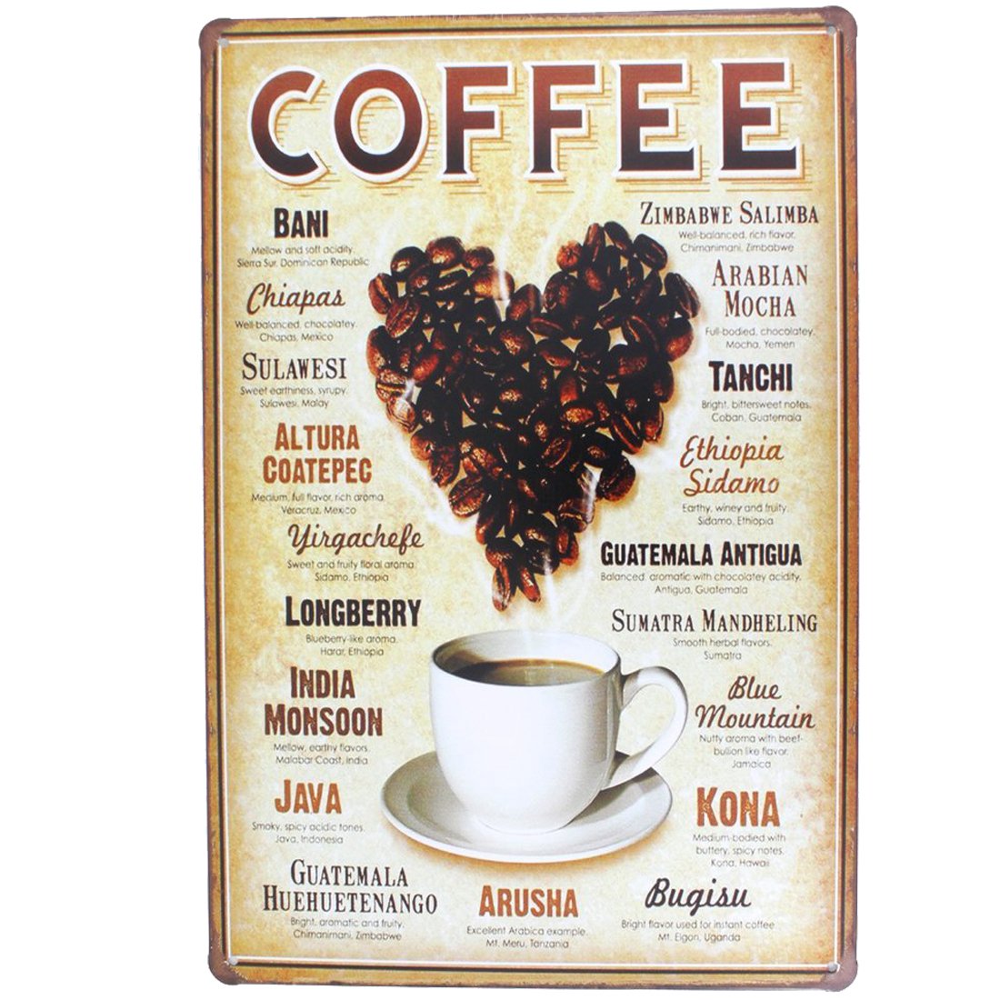 Hioni Metal Tin Sign Coffee Heart Bani Kona Vintage Plaque Art Poster Wall Decor