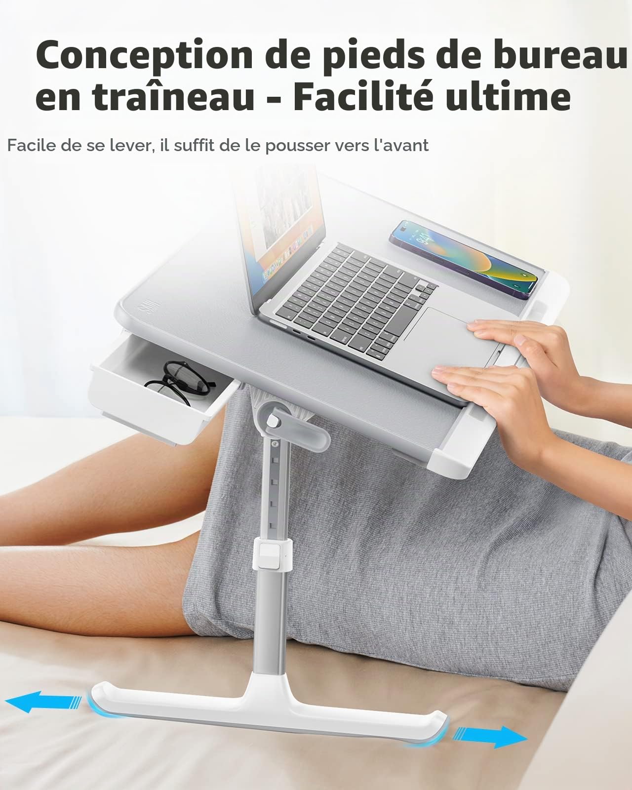 SAIJI Table de Lit Pliante Réglable en Cuir PVC avec Tiroir de Rangement et Déflecteur Silicone Amovible Gris