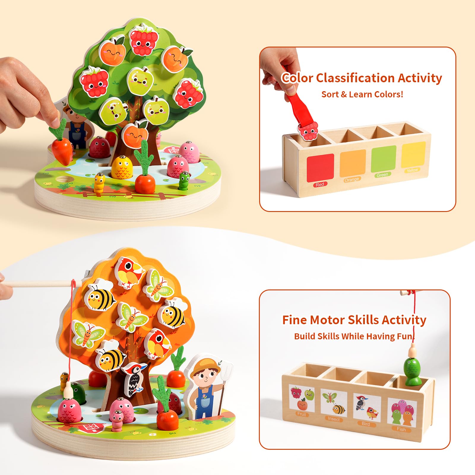 INIFEIDALA - Jouet sensoriel Montessori en bois pour enfants de 3 à 4 à 5 ans, trieur de couleurs, kit de récolte de carottes, pêche magnétique, jouet de motricité fine