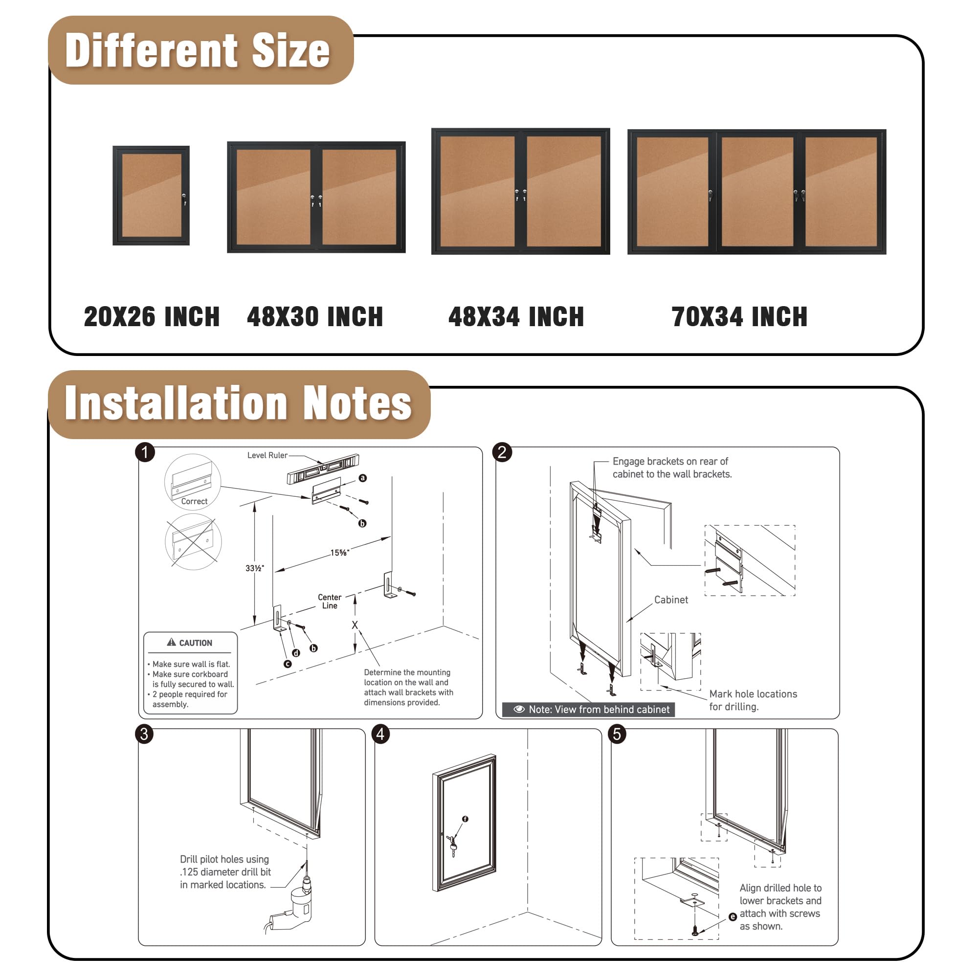 Mifuro Tablón de anuncios cerrado de 26 x 20 pulgadas, tablero de anuncios de corcho de aluminio resistente a la intemperie para escuela y oficina, marco plateado con flet negro