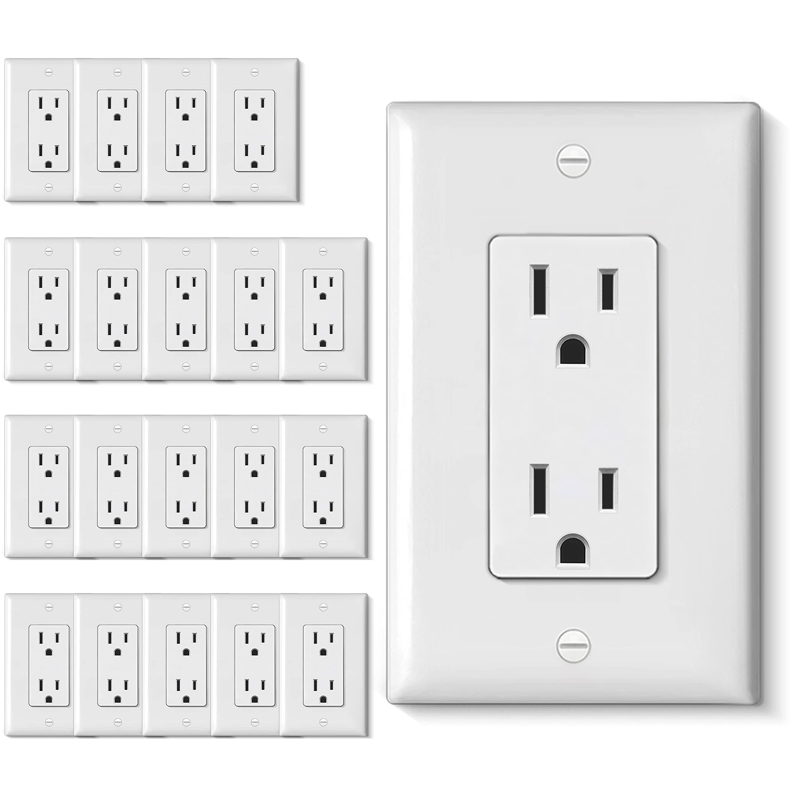 (20 Pack) CML 15A Decorator Wall Receptacle with Mid-Size Wall Plates, 15 Amp Electrical Outlets, UL Listed, White