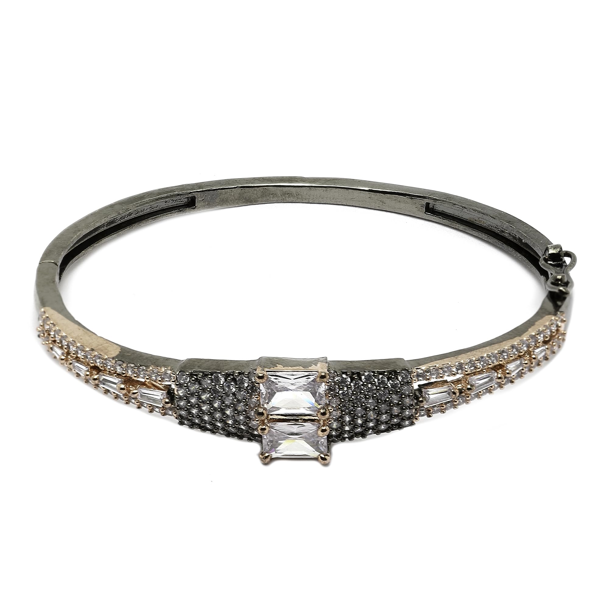 ZENEME Rhodium-Plated Square Shaped American Diamond Studded Kada Bracelet For Girls and Women