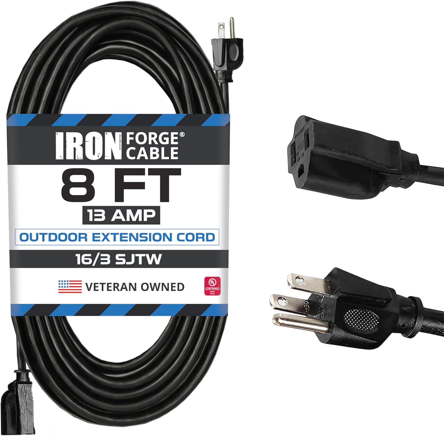 Iron Forge Cable (2 Pack) Black Outdoor Extension Cord 8 ft with Brown Outdoor Extension Cord 6 ft, 16 AWG 3 Prong Exterior Electrical Cable 13 Amp, SJTW Weatherproof for Landscaping, Patio & Lawn