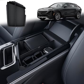TWRAPS Center Console Storage Tray for Cadillac LYRIQ 2023-2026, Armrest Organizer with Premium Leather Inserts Perfect Fit for Lyriq Interior Accessories Durable Carbon Fiber ABS