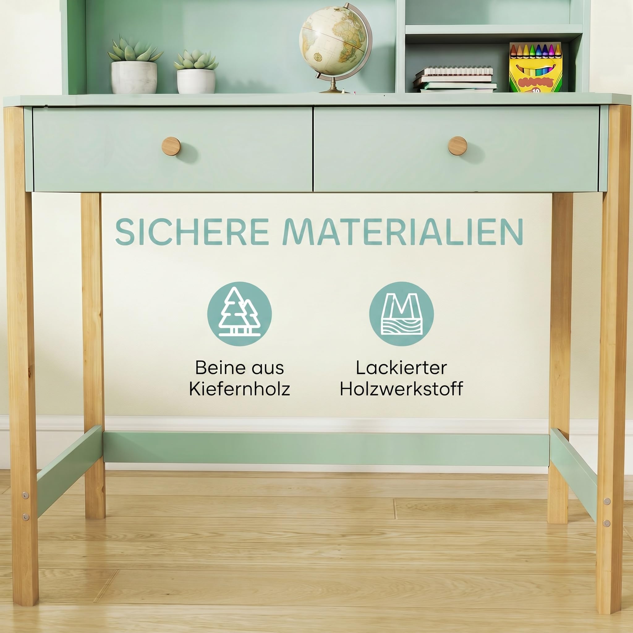 AIYAPLAY Kinderschreibtisch Schülerschreibtisch mit Schubladen Regal Stauraum 90 x 52 x 105 cm Kinder Schreibtisch für 5-12 Jahre Kinder, zum Lernen, Lesen, Malen, Basteln, Spielen Grün