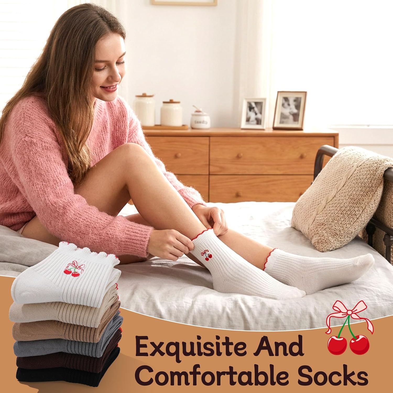 6 Pairs Ruffle Cute Ankle Crew Socks for Women Novelty Fun Cherry Cotton Casual Athletic - Image 3