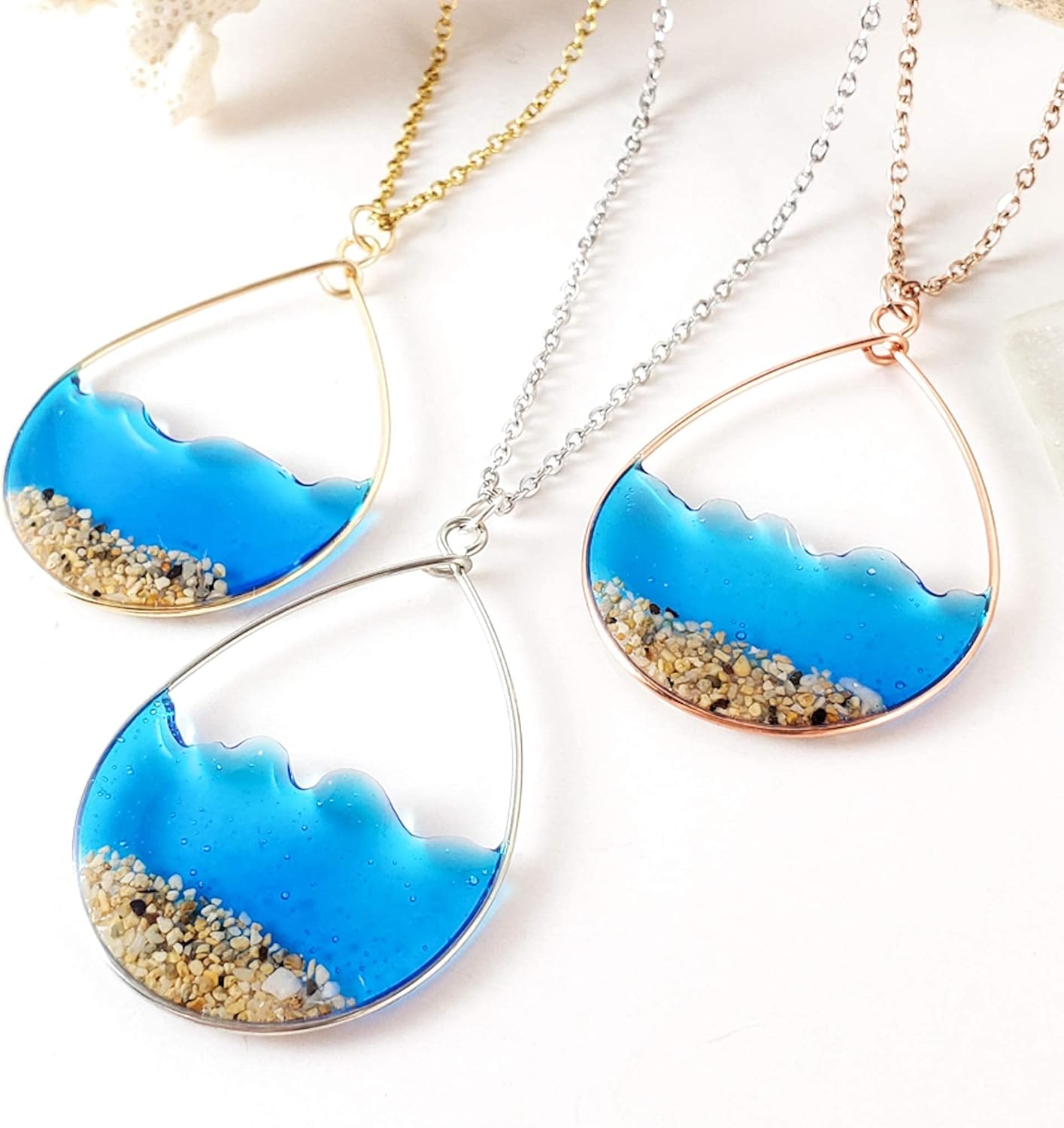 Blue water and sand rose gold necklace-hypoallergenic for sensitive skin, Handmade in Hawaii Beach Jewelry