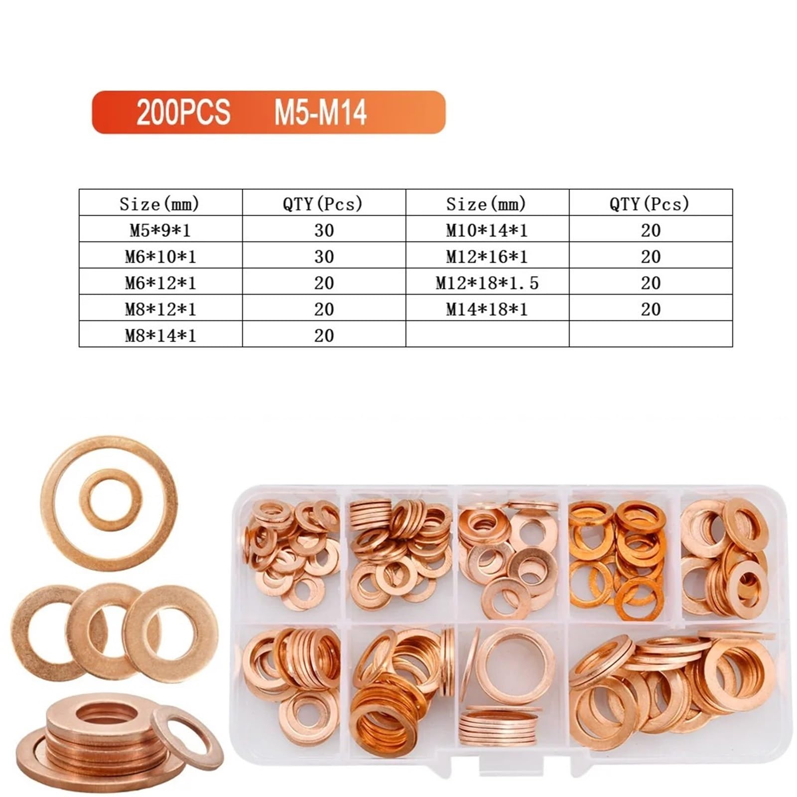 Arandelas de cobre puro sólido 200/280/300 Uds., tapones sumidero M5-M20 recocidos, espaciadores juntas sellado aceite, Kit planas for motocicleta Para Tornillos(M5-M20 (300Pcs))