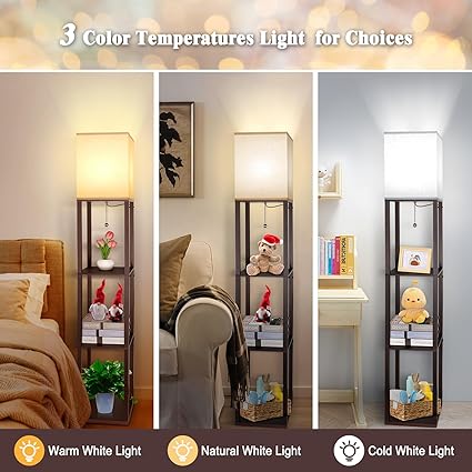 Aimosen LED Vloerlamp van Hout, Bruine Staande lamp met Plank, Vloerlamp met E27 Gloeilamp 3 Kleurtemperaturen, Retro Bedlampje met Lampenkappen en E27 Fitting voor Woonkamer Kantoor Hal Hoek Slaapkamer photo 2